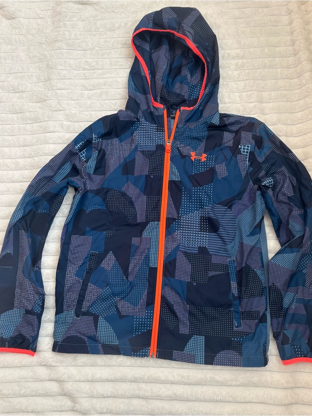 Under Armour Kids Navy & Blue Patterned Hooded Jacket with Orange Trim